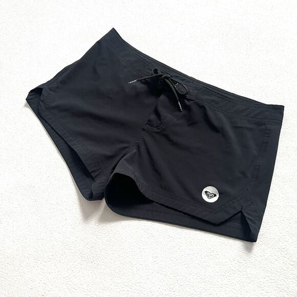 ROXY Women Solid Black Stretch Poly Blend 2.5” Tie Beach Swim Board Shorts M - Picture 2 of 9